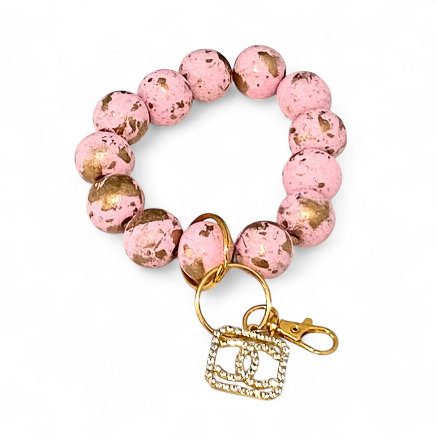 Pink & Gold Beaded Wristlet Keychain with Charm