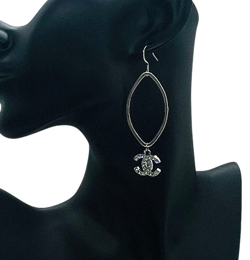 Brushed Silver Marquise Rhinestone Pendant Earrings