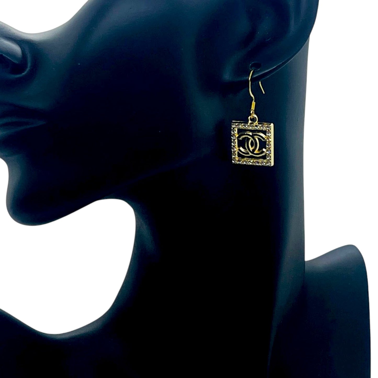 Gold Rhinestone Rectangle Charm Earrings