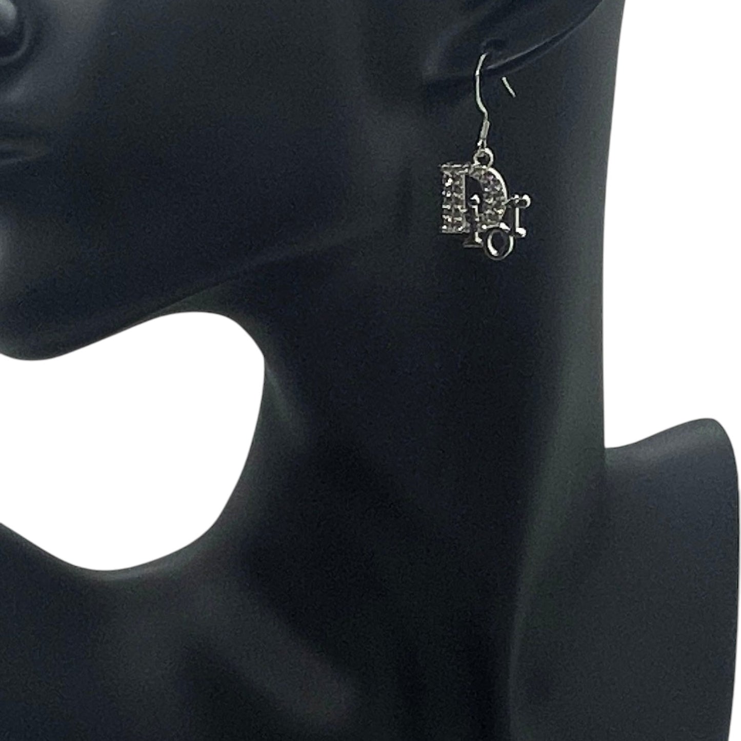 Silver Rhinestone Script Charm Earrings