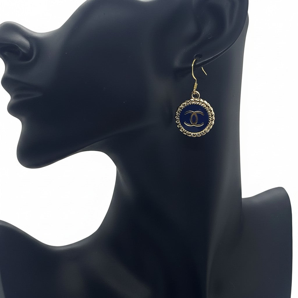 Dark Blue and Gold Button Drop Earrings