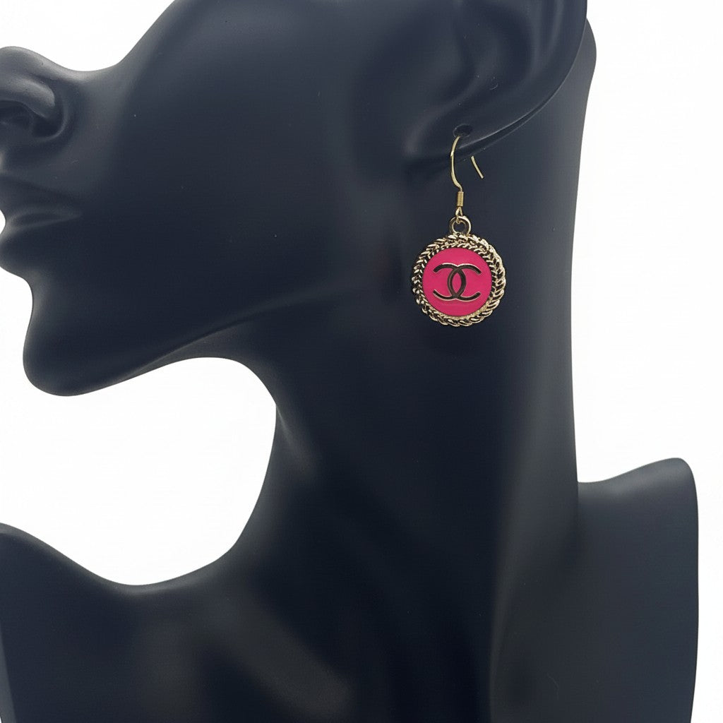 Hot Pink and Gold Button Drop Earrings