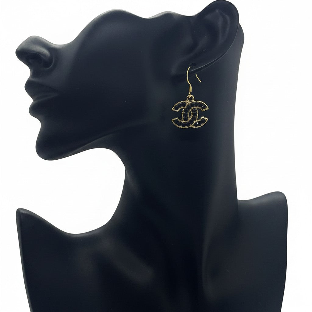 Black Rhinestone and Gold Icon Drop Earrings