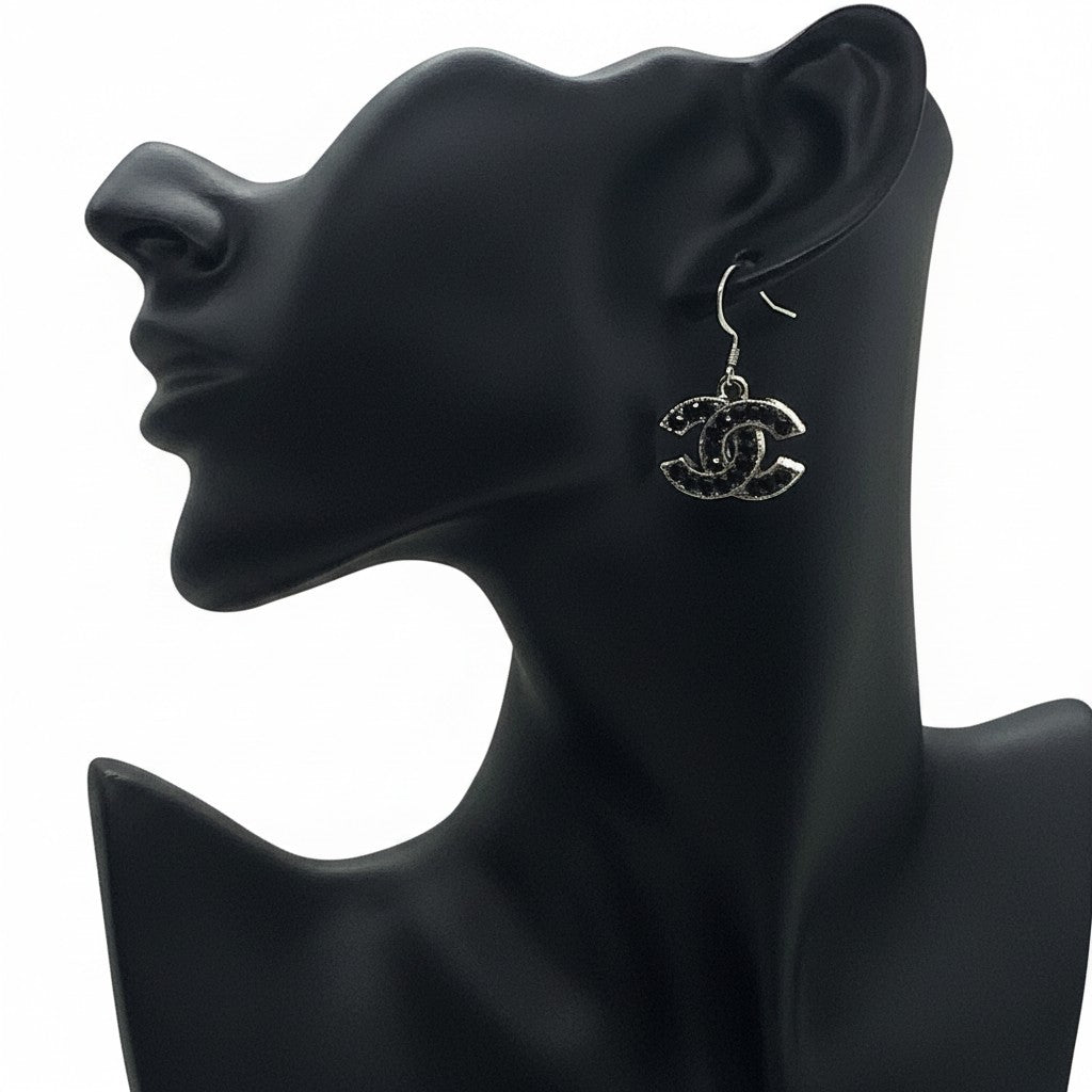 Black Rhinestone and Silver Icon Drop Earrings