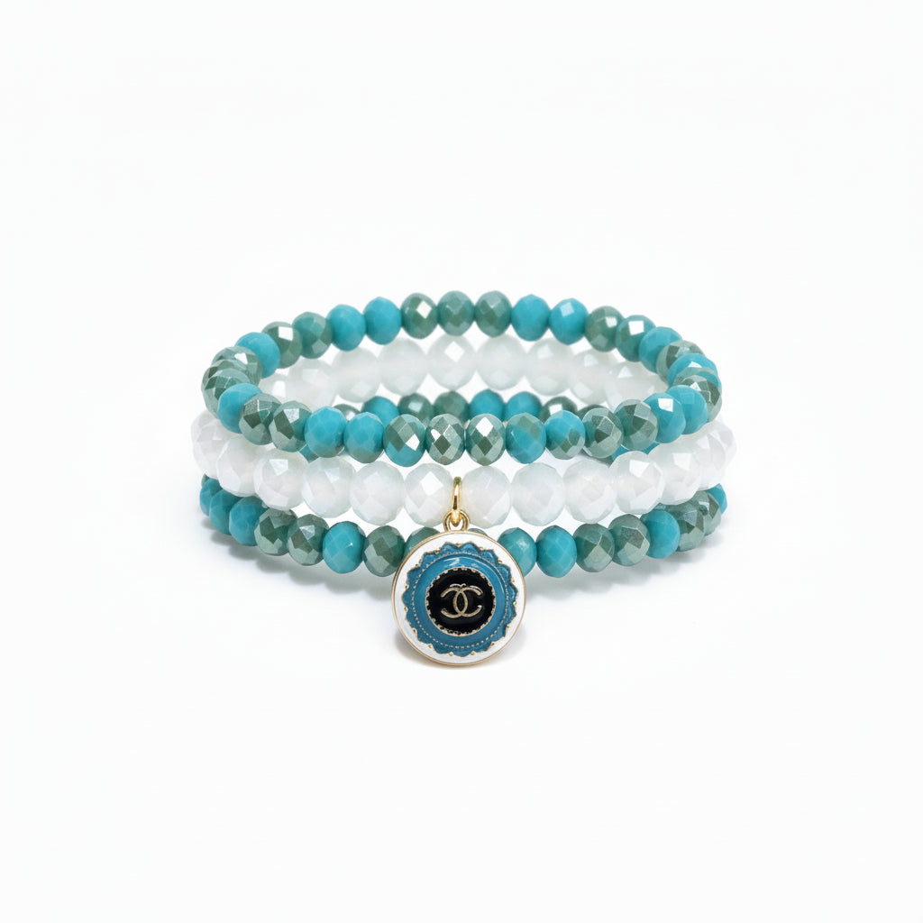 Coastal Blue Button Charm Stretch Bracelet Stack