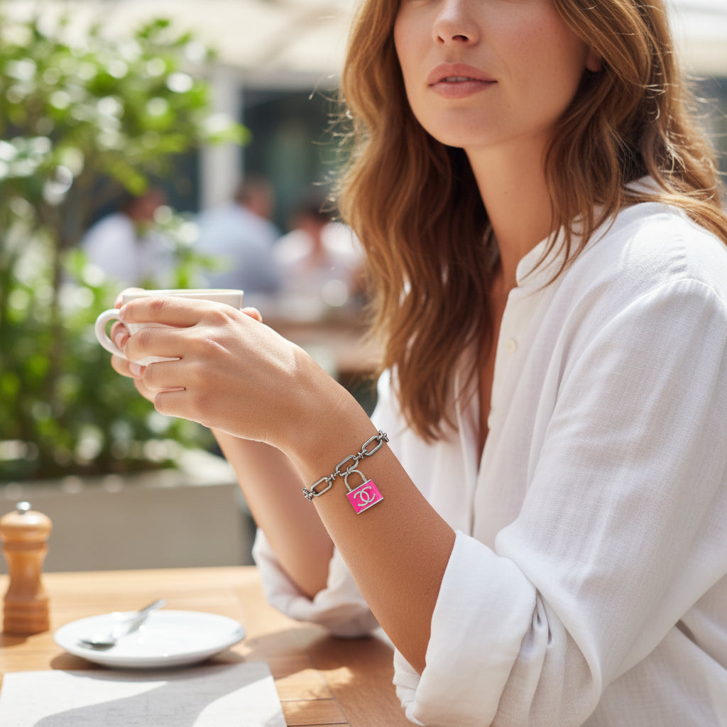 Hot Pink Lock Charm Oval Link Adjustable Bracelet