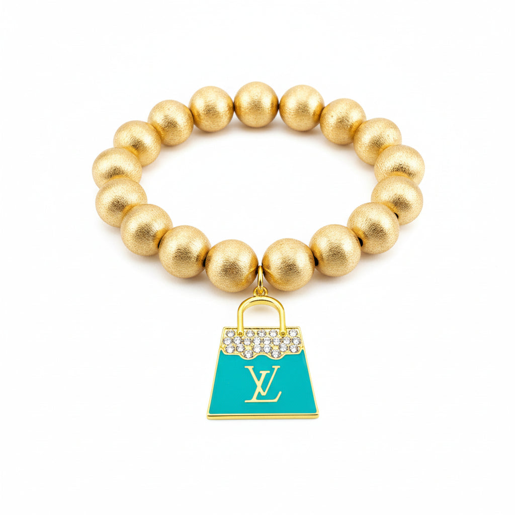 Teal Luxe Rhinestone Charm Gold Bead Stretch Bracelet