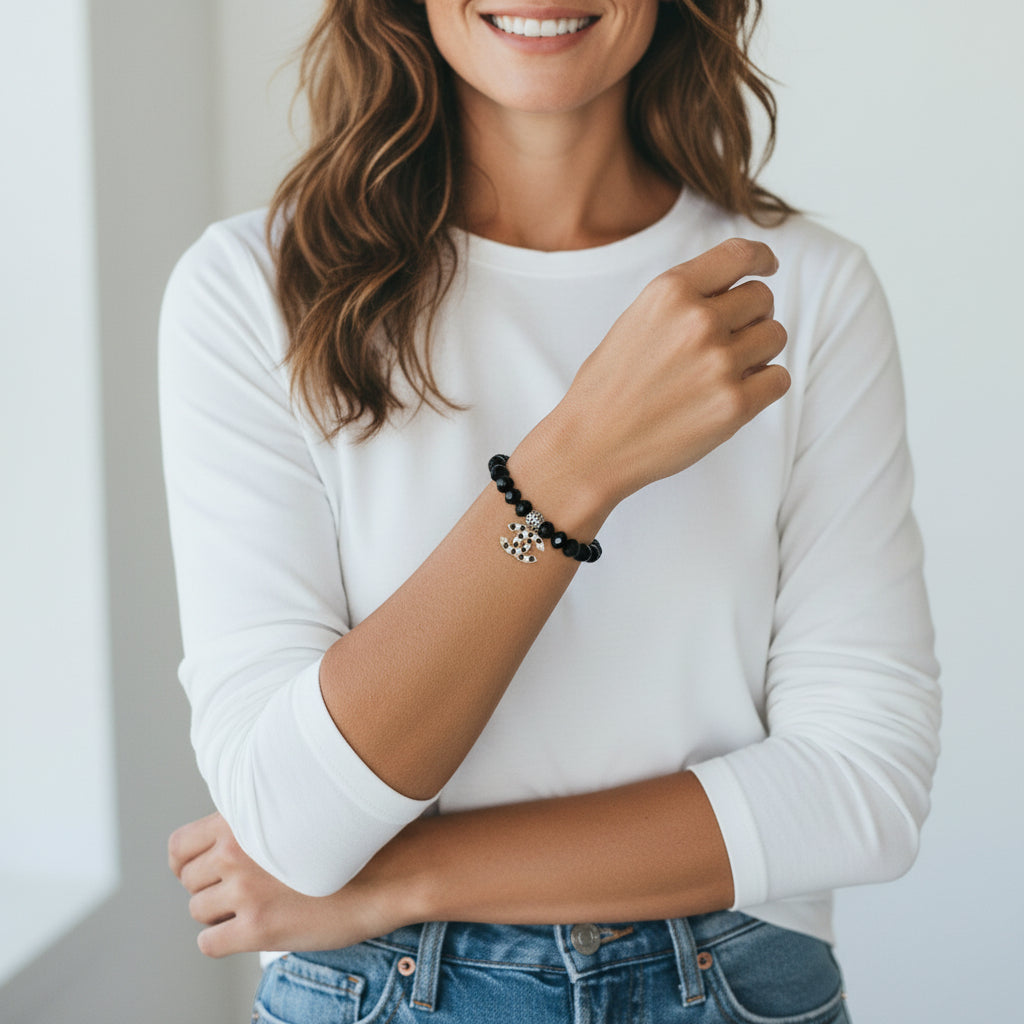 Midnight Glam Stretch Bead Charm Bracelet