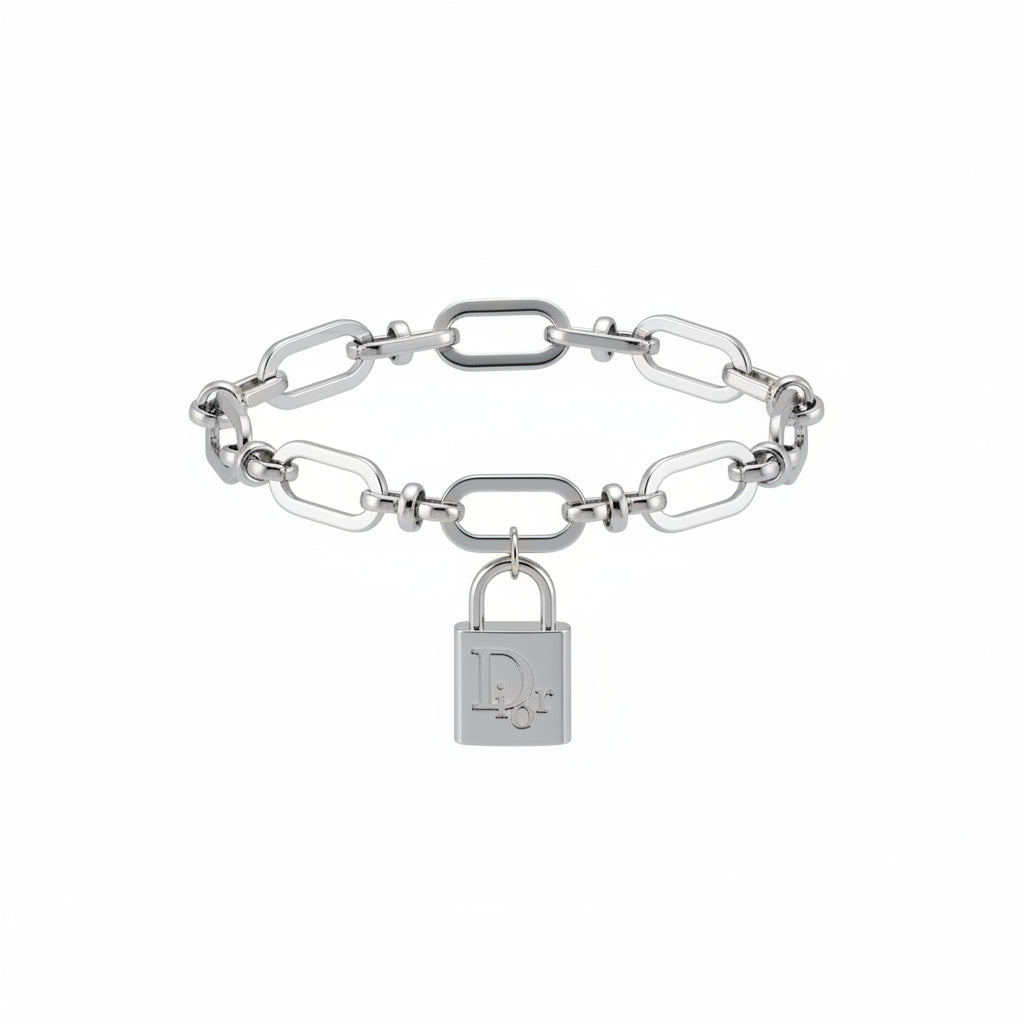 Silver Oval Link Lock Charm Bracelet