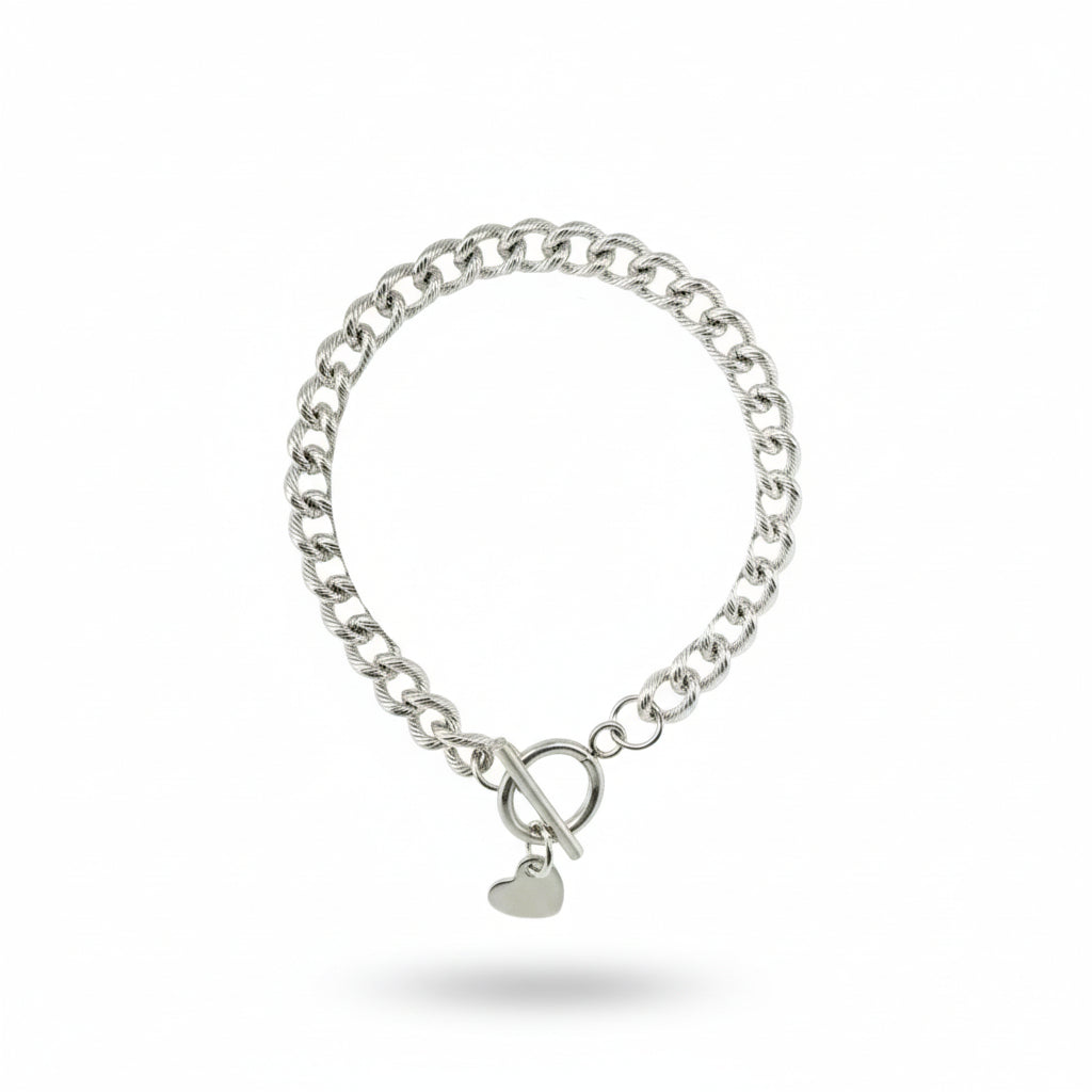 Silver Textured Curb Chain Toggle Bracelet with Heart Charm