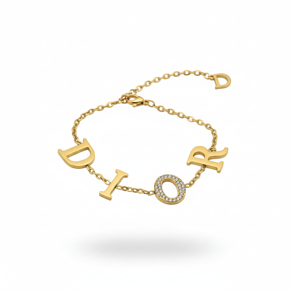 Dior Gold & Rhinestone Stainless Steel Bracelet