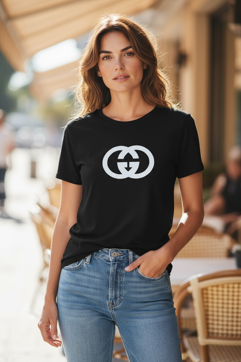 Black V-Neck T-Shirt with White Front Design