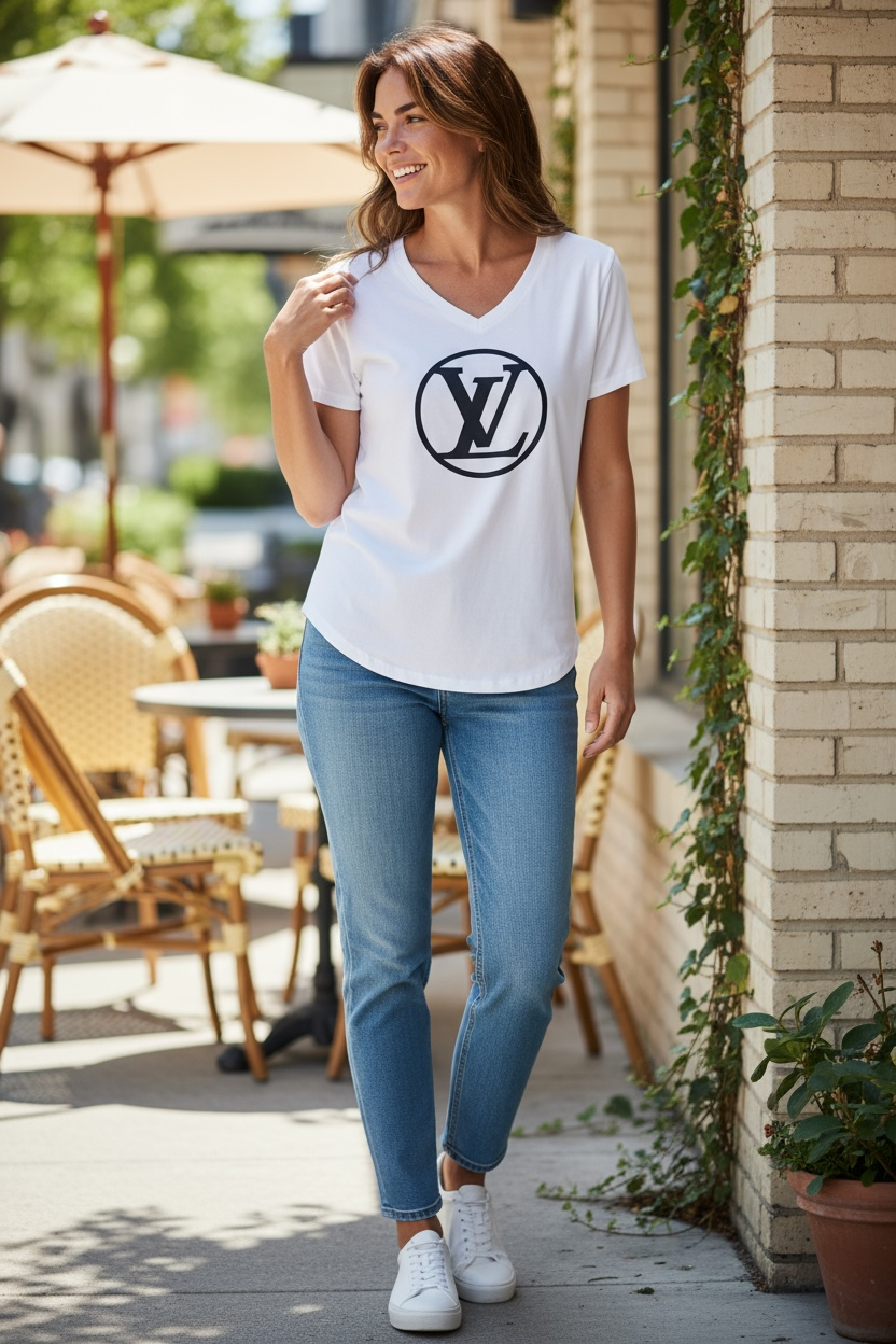 White V-Neck T-Shirt with Black Front Design