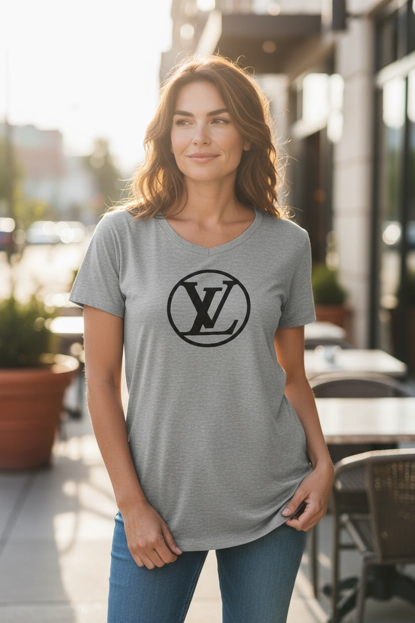 Gray V-Neck T-Shirt with Black Front Design