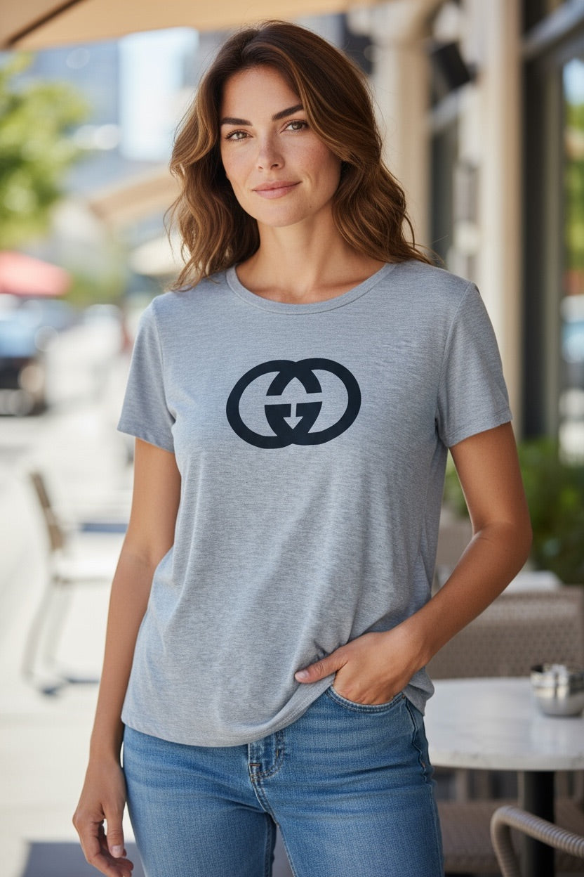 Gray V-Neck T-Shirt with Black Front Design