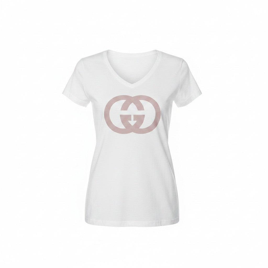 White V-Neck T-Shirt with Rose Gold Front Design