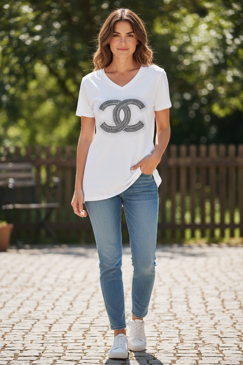 White Tee with Black Rhinestone CC Emblem