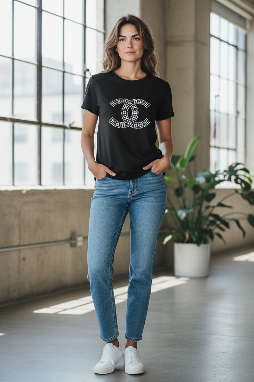 Black Tee with Silver Rhinestone CC Emblem