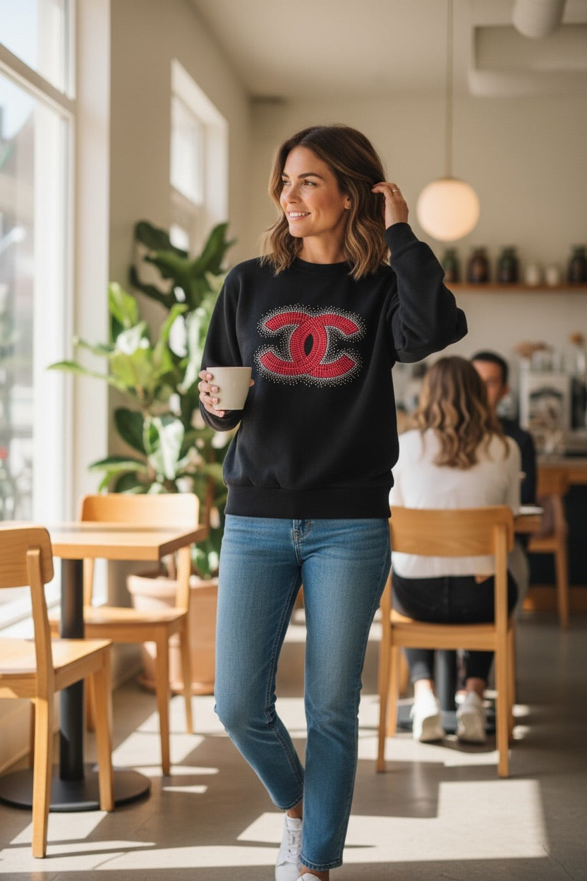 Black Sweatshirt with Red Rhinestone CC Emblem