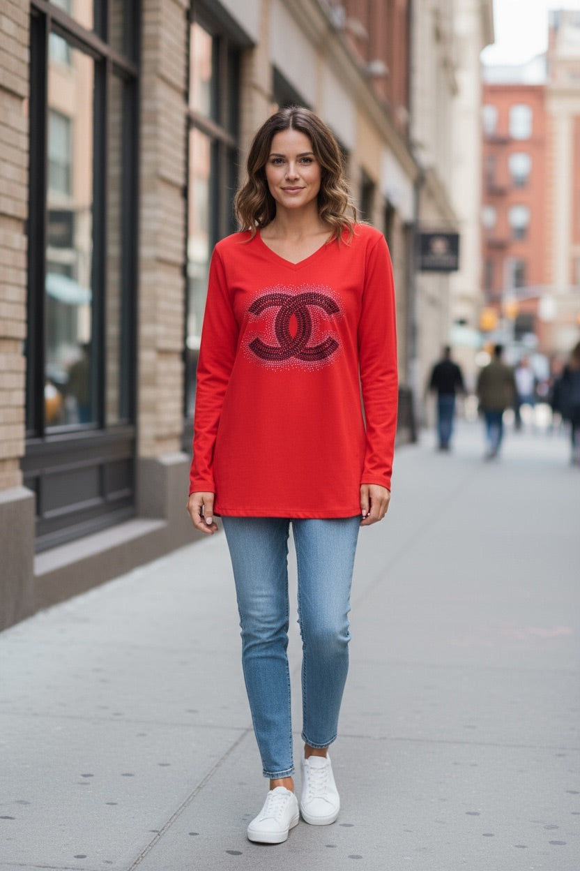 Red CC V-Neck Long Sleeve Tee