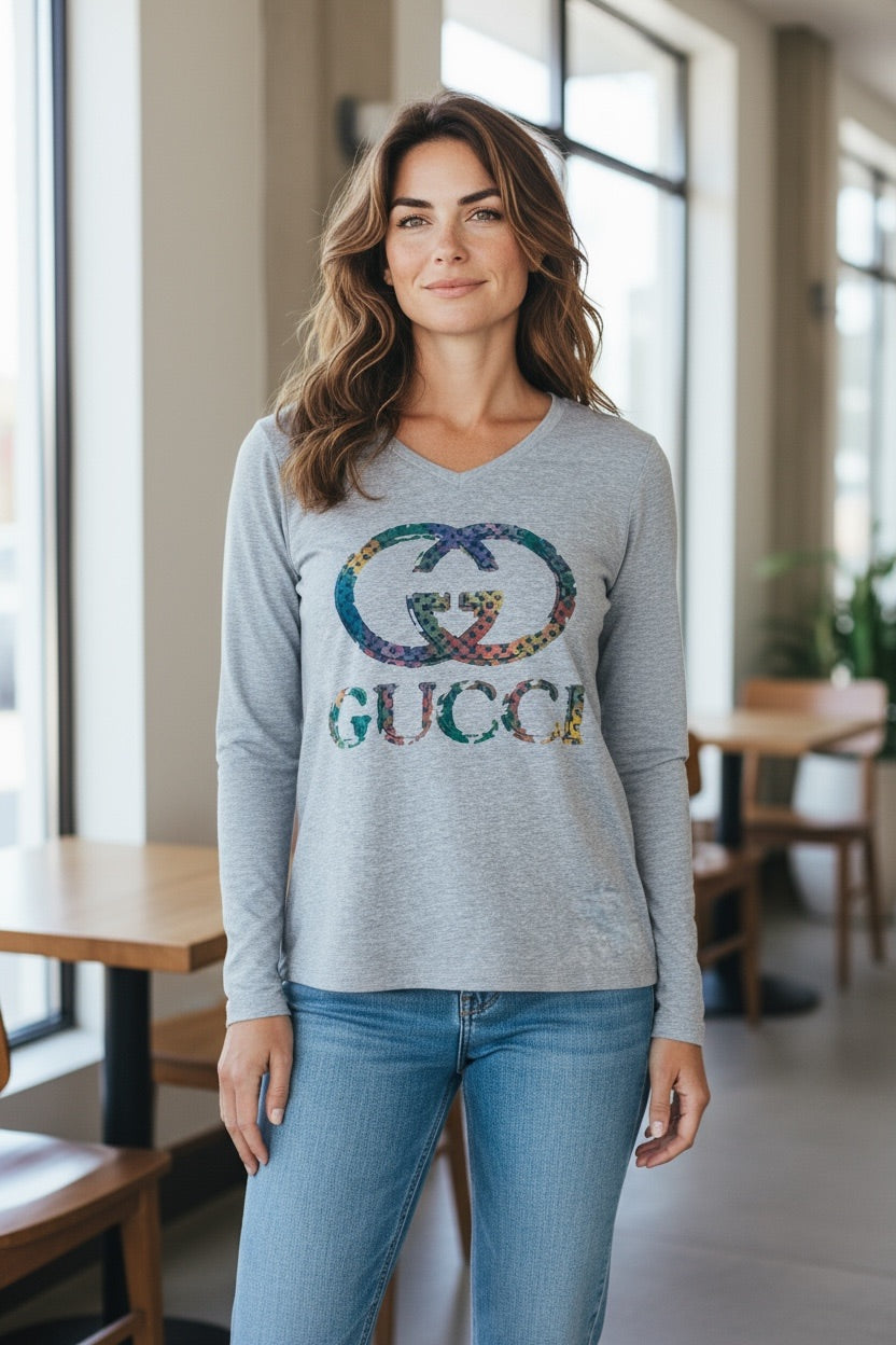 Grey GG Logo V-Neck Long Sleeve Tee