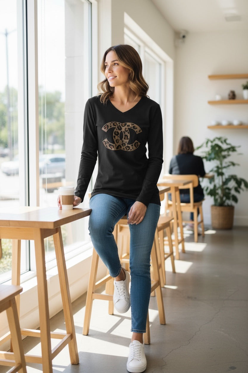 Black Leopard CC V-Neck Long Sleeve Tee