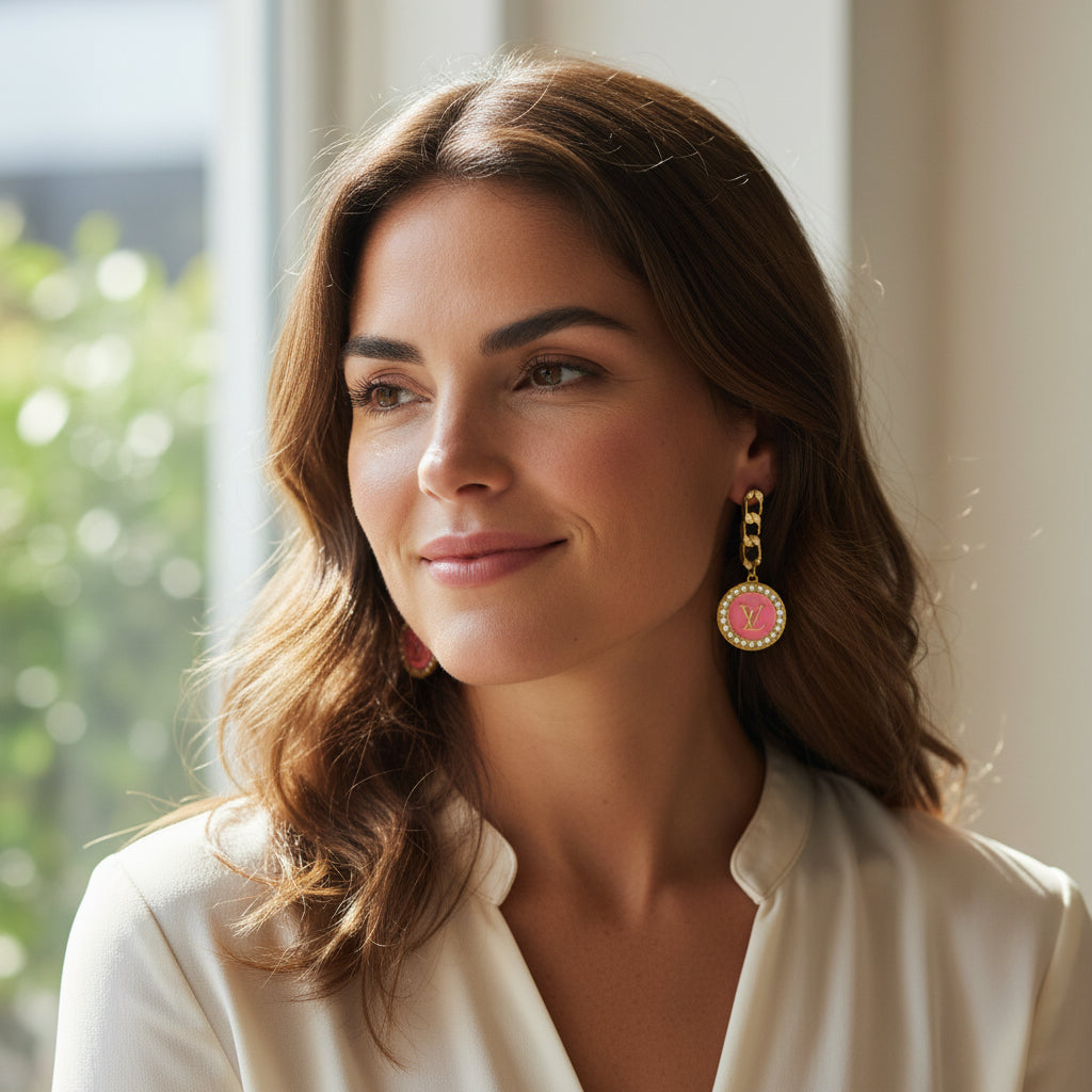 Light Pink Pave LV Charm Chain Stud Drop Earrings