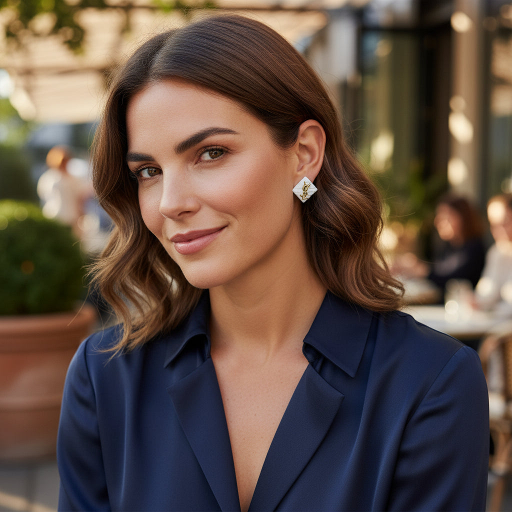 Quilted White & Gold Logo Stud Earrings