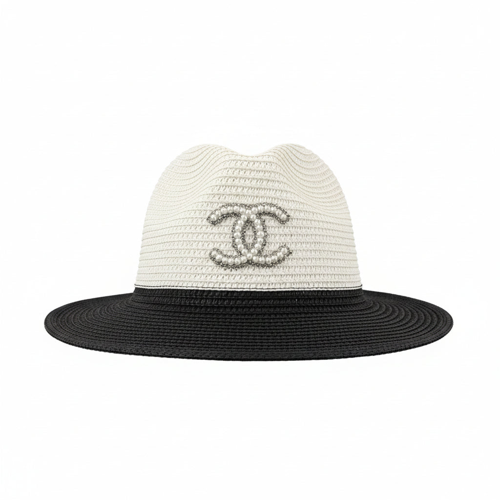 Two-Tone Straw Hat with Pearl Rhinestone Icon