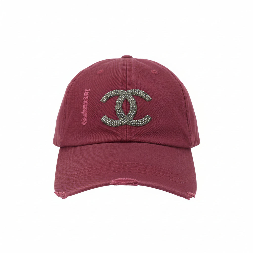 Burgundy Rhinestone Icon Distressed Ponytail Cap