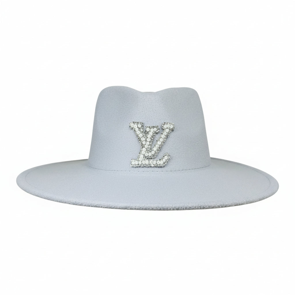 Pearl Rhinestone Monogram Grey Felt Fedora