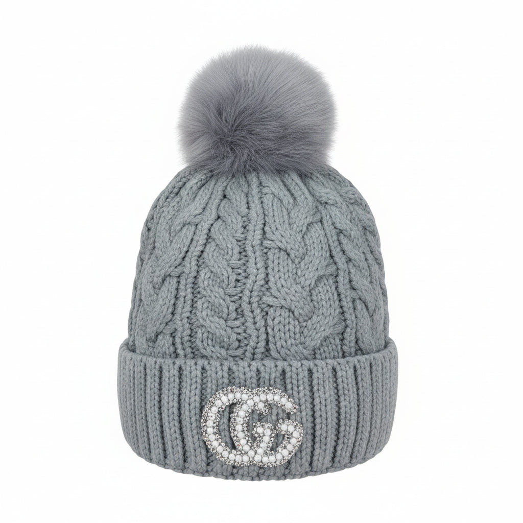 Grey Fleece-Lined GG Pearl Pompom Beanie