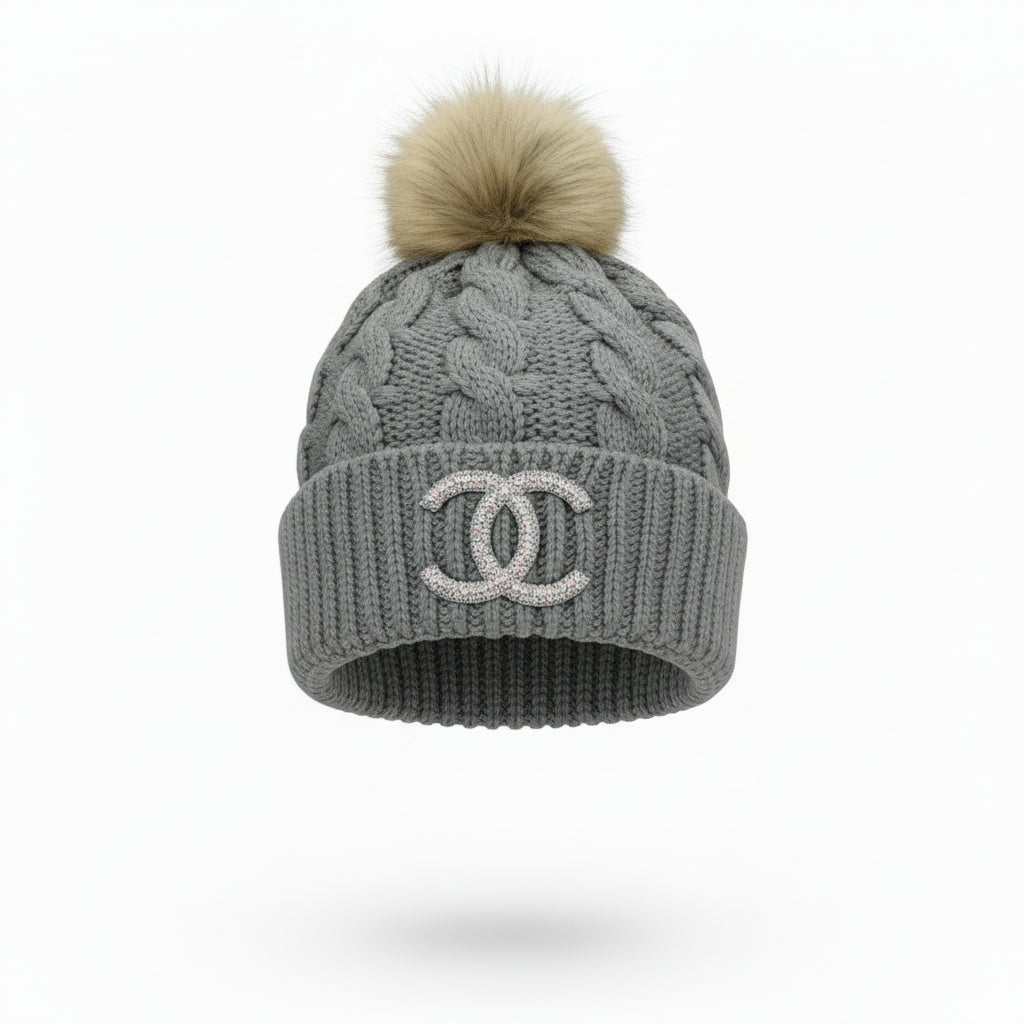 Gray Cable Knit Rhinestone Icon Pom Beanie