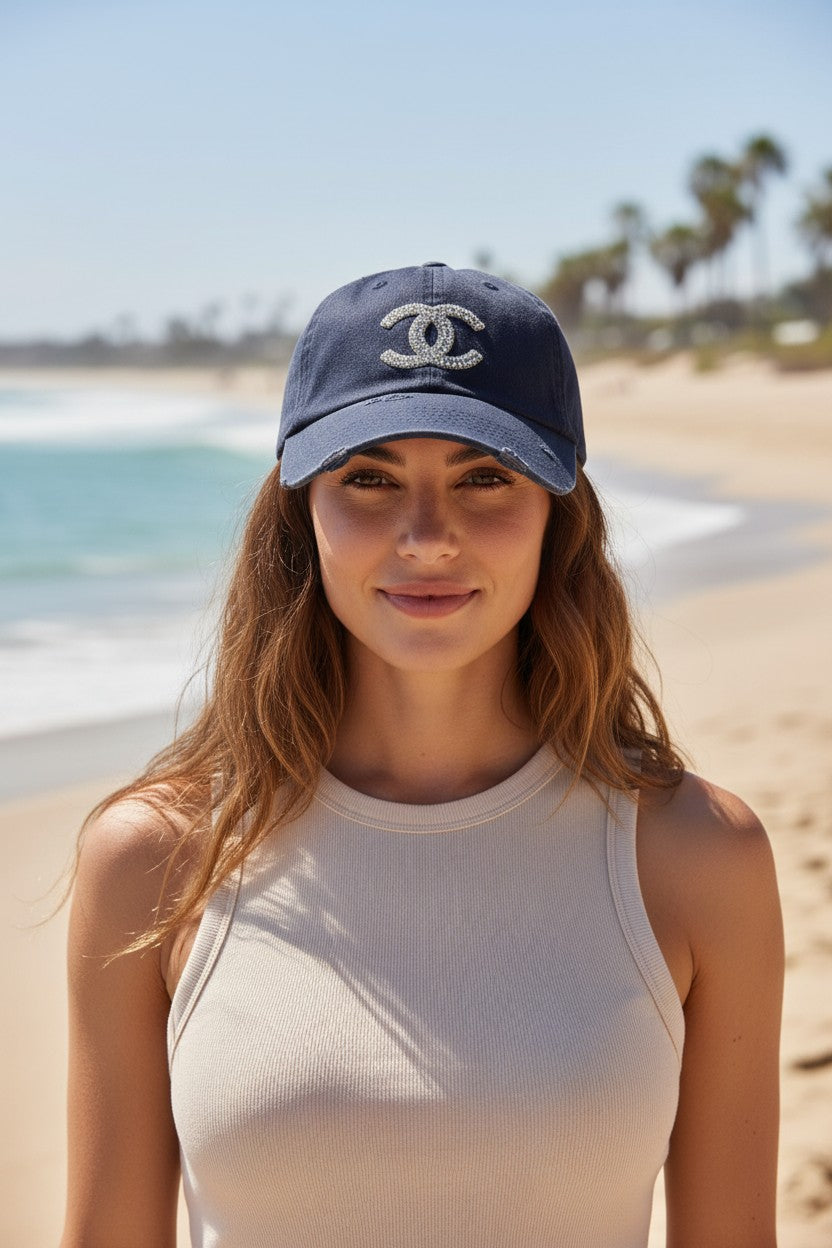 Navy Rhinestone Icon Distressed Ponytail Hat