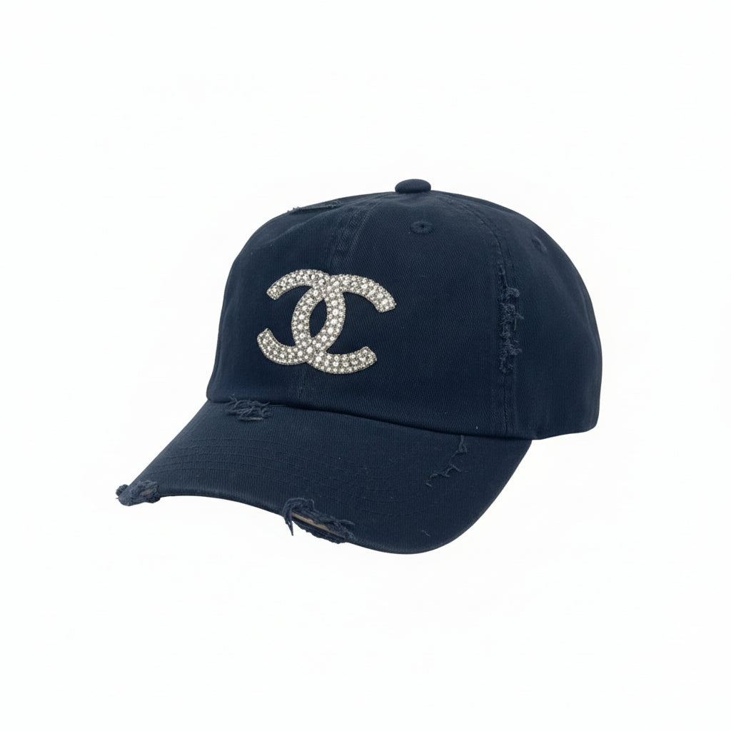 Navy Rhinestone Icon Distressed Ponytail Hat