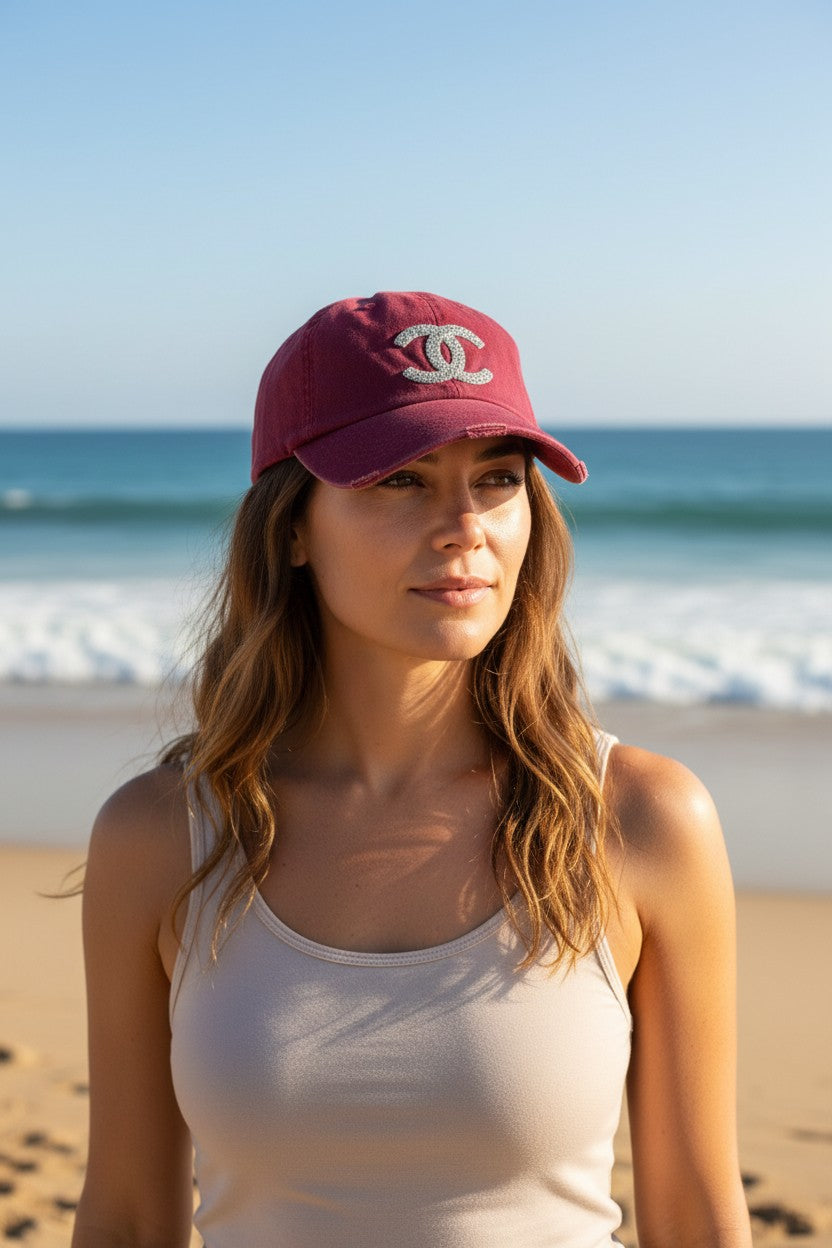 Burgundy Rhinestone Icon Distressed Ponytail Hat