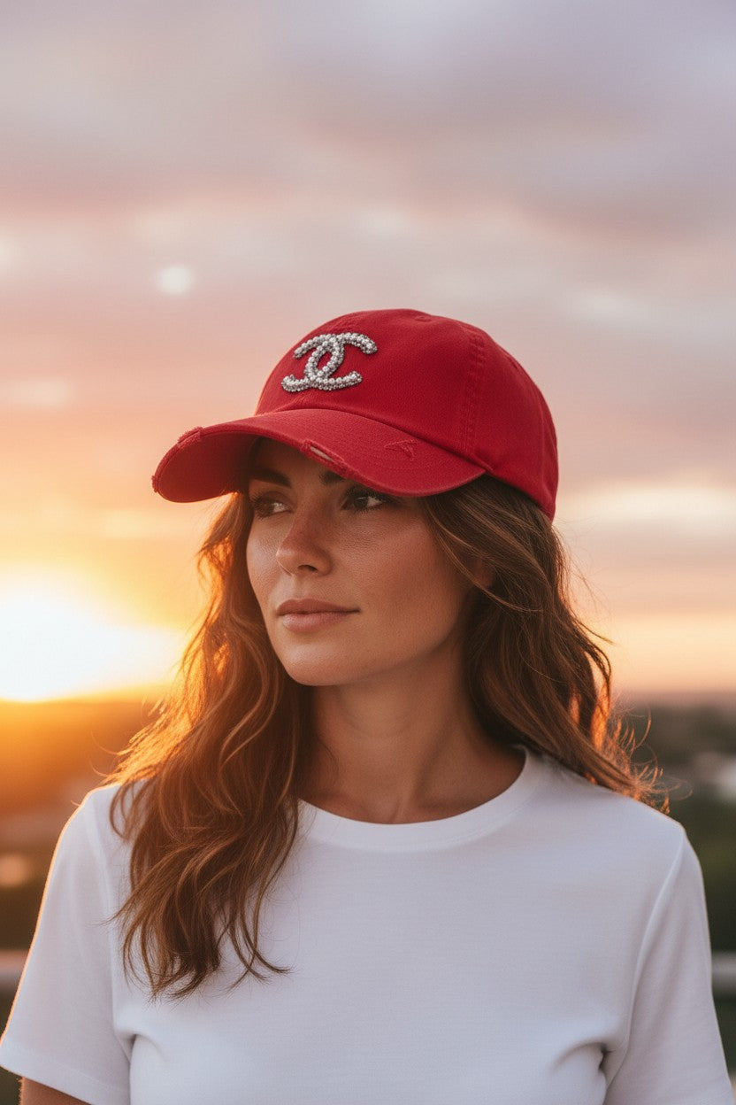 Red Pearl & Silver Glitter Icon Distressed Ponytail Hat