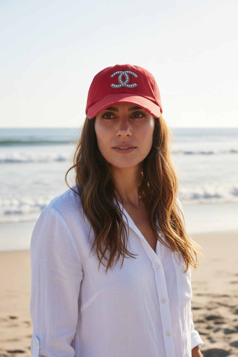 Red Rhinestone Icon Distressed Ponytail Hat