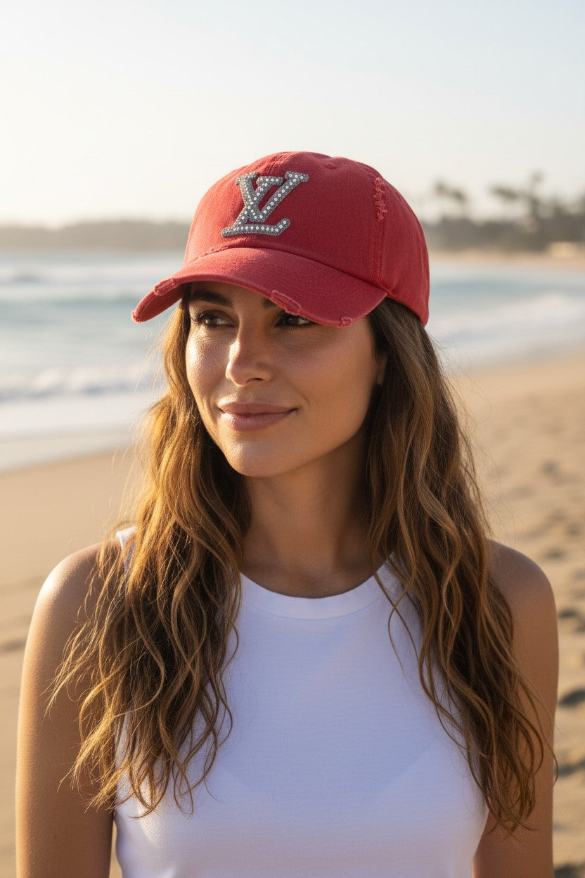 Red Rhinestone Ponytail Hat