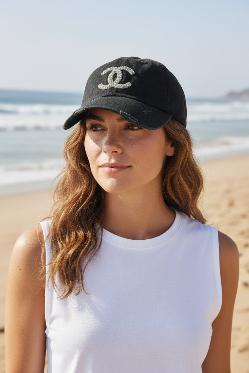 Black Rhinestone Icon Distressed Ponytail Hat