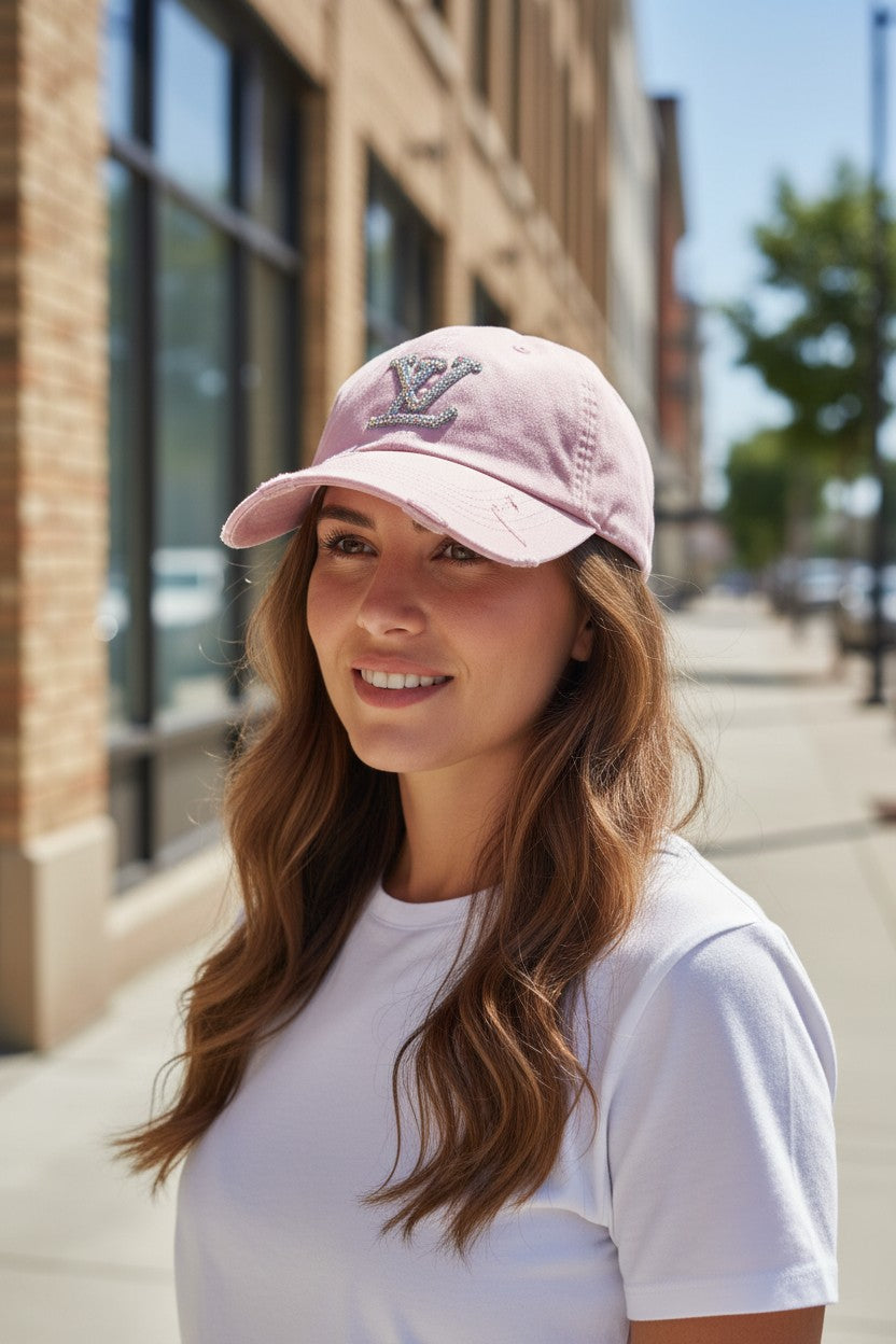 Pink Clear AB Emblem Ponytail Hat
