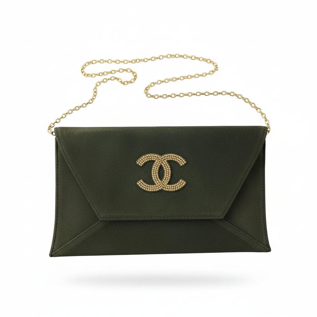 Olive Suede Envelope Clutch with Gold Chain Strap