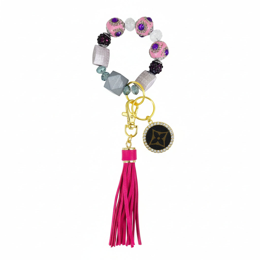 Glass Bead Bracelet Keychain with Tassel & Rhinestone Medallion