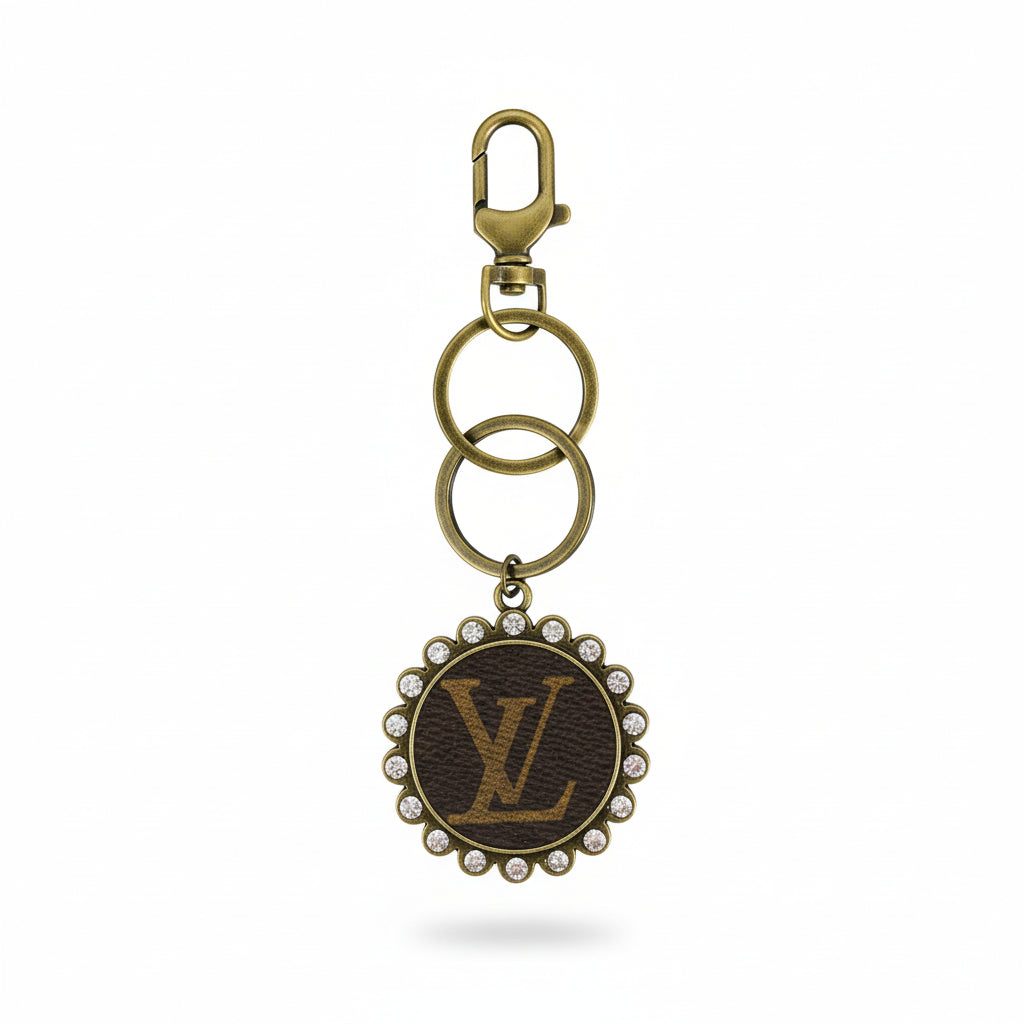 Large Antique Bronze Rhinestone Medallion Keychain