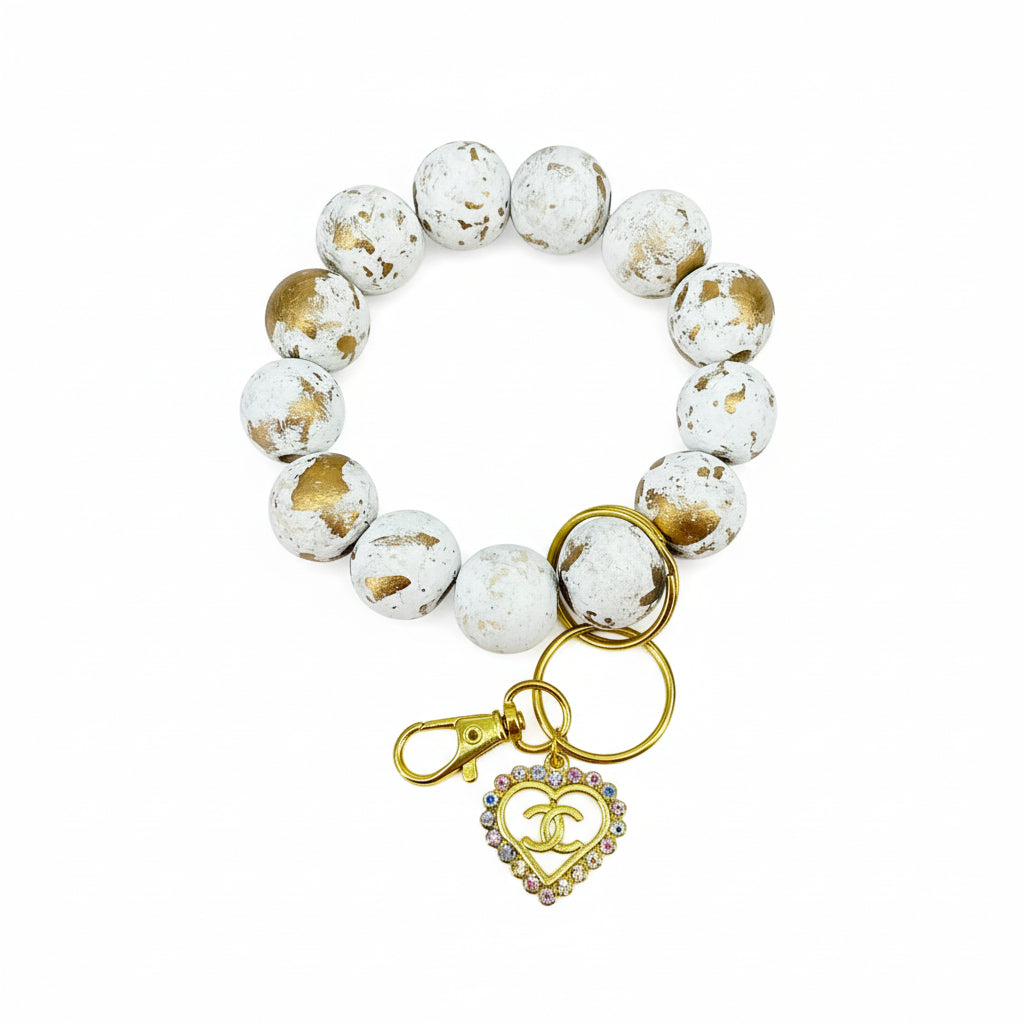 White & Gold Beaded Wristlet Keychain with Rhinestone Heart Charm