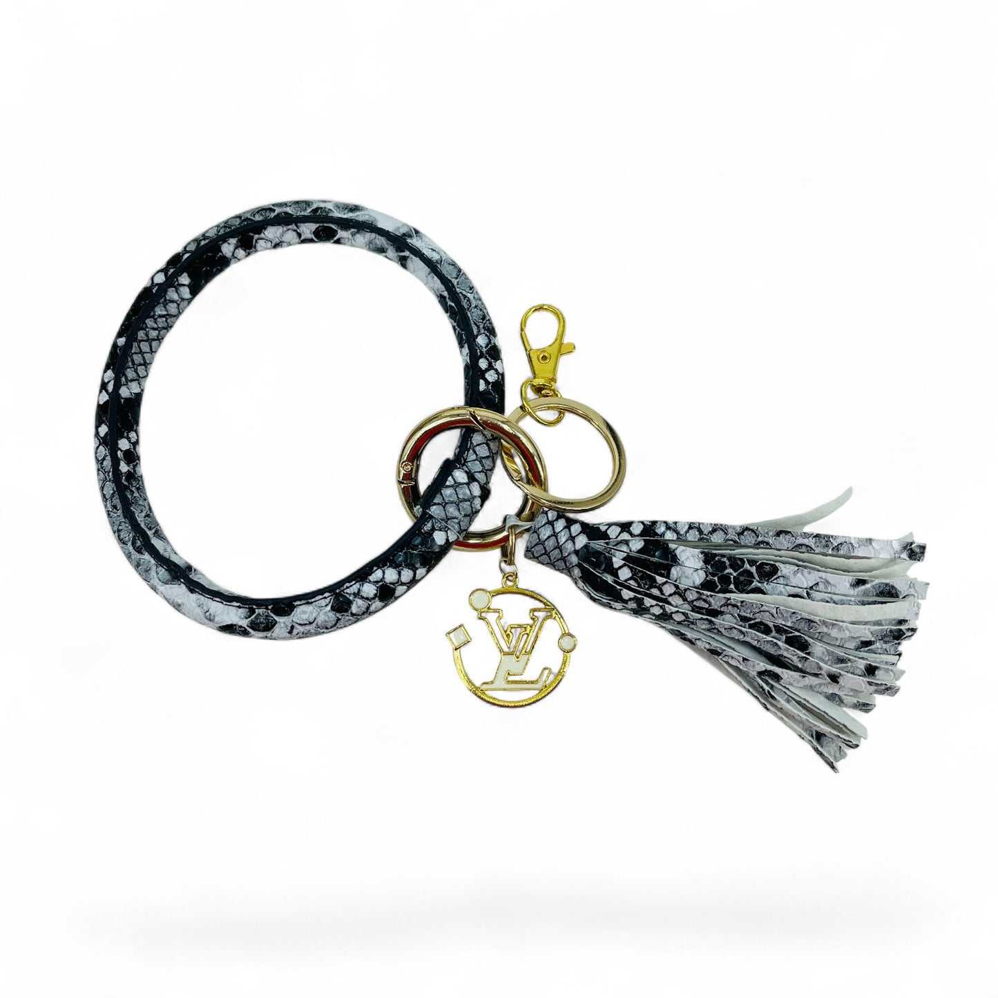Snakeskin Print Bangle Wristlet Keychain with Tassel & Charm