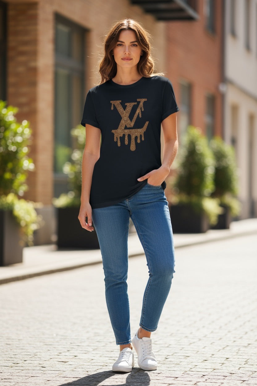 Black Tee with Brown Rhinestone Drip Monogram