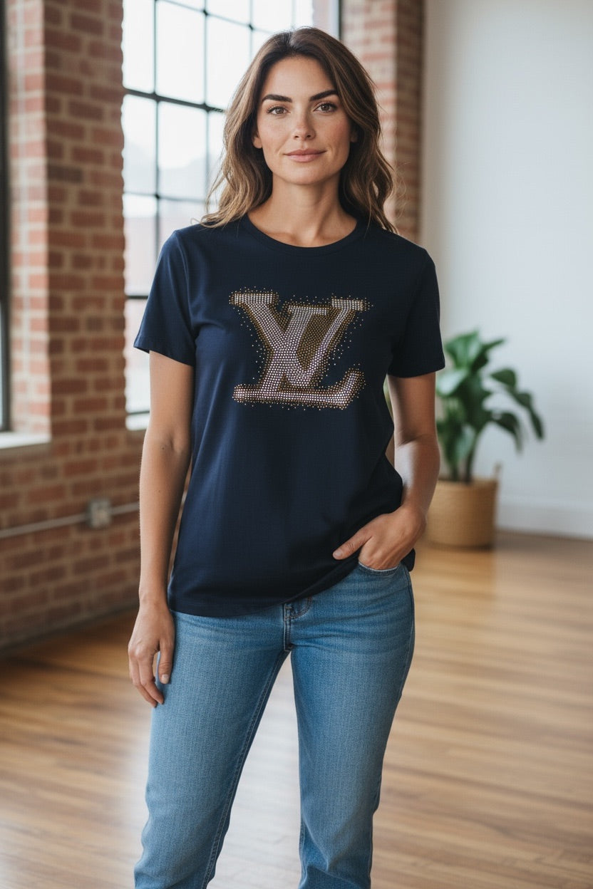 Black Rhinestone Monogram Tee