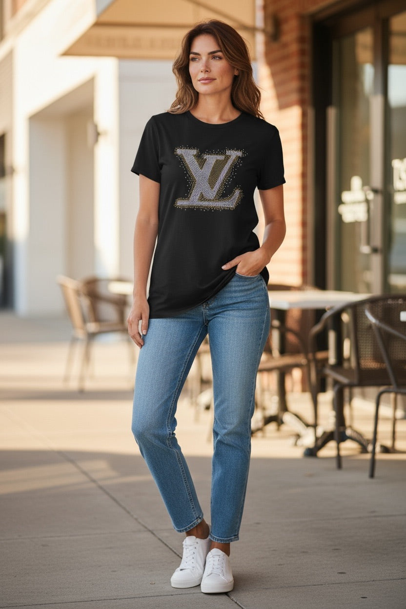 Black Rhinestone Monogram Tee