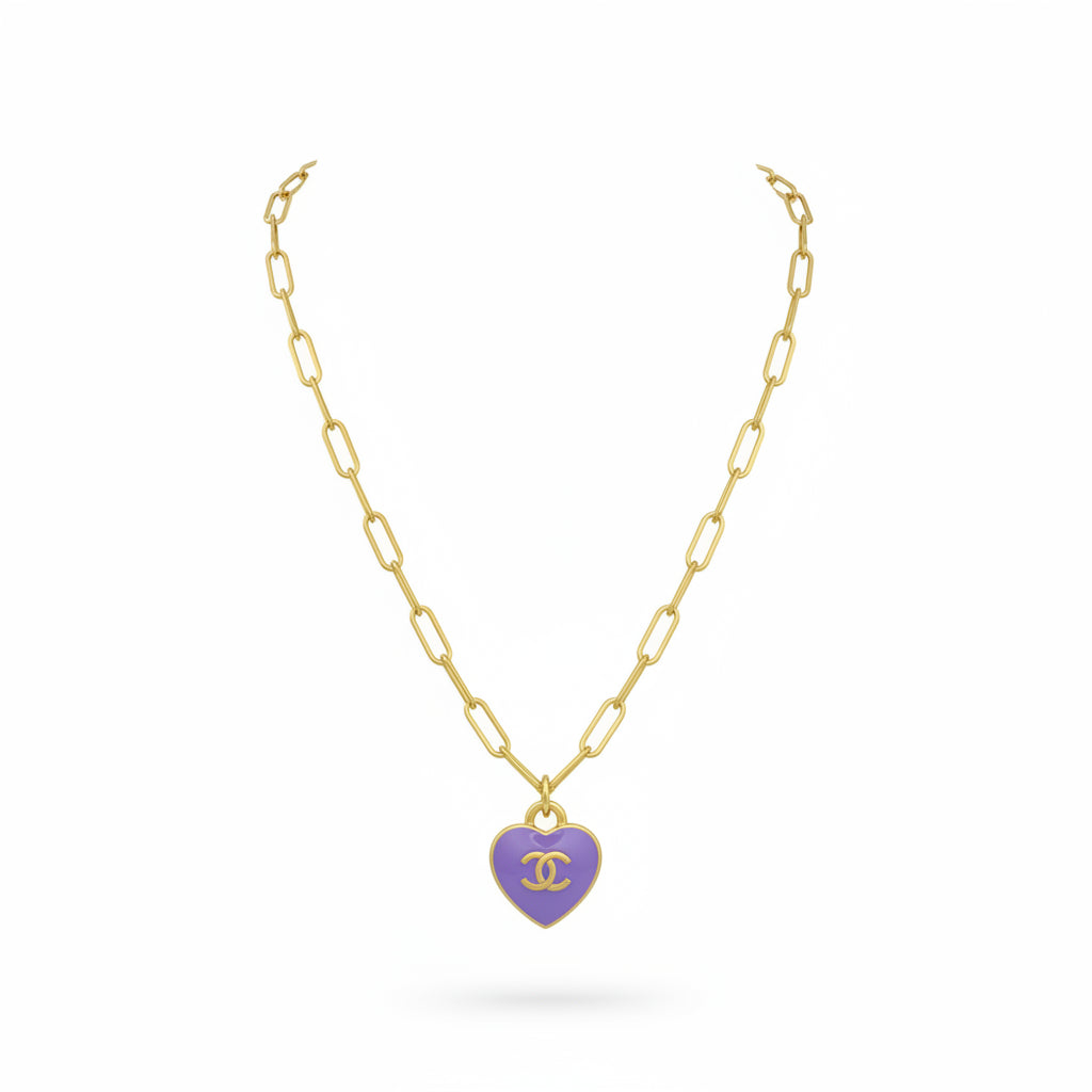 Amethyst Heart Charm Link Necklace